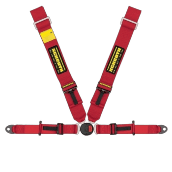 Grand Prix Racewear safety harness in red with yellow and black labels, designed for motorsport safety and security.