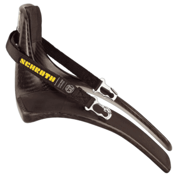 High-performance carbon fibre racing helmet chin strap with quick-release buckles for motorsport safety.