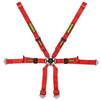 Grand Prix Racewear racing harness with five adjustable red straps and yellow safety labels for motorsport safety.