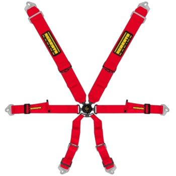 Red Grand Prix Racewear harness with five adjustable straps and metal buckles for motorsport safety.
