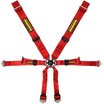 Red Grand Prix Racewear harness with adjustable straps and safety labels, designed for motorsport safety and performance.