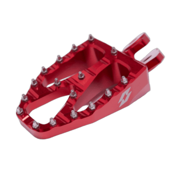 Red aluminium racing footpeg with multiple bolts for motorcycle racing, designed for durability and grip.