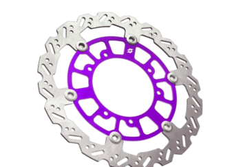 High-performance motorcycle brake disc with purple accents, designed for racing and high-speed riding, showcasing durability and precision engineering.