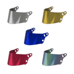 Set of five coloured Grand Prix Racewear visors including silver, gold, blue, red, and iridescent options for motorcycle helmets.