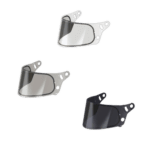 Three Grand Prix racing helmet visors in clear, tinted, and mirrored finishes for motorcycle racing.