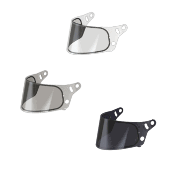 Three Grand Prix racing helmet visors in clear, tinted, and mirrored finishes for motorcycle racing.