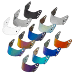 Collection of Grand Prix Racewear visors in various colours including black, white, blue, orange, and rainbow, designed for racing helmets.