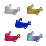 Set of five colourful Grand Prix Racewear visors in silver, yellow, blue, red, and iridescent, designed for motorcycle racing helmets.