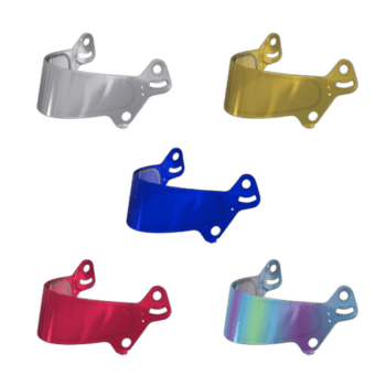 Set of five colourful Grand Prix Racewear visors in silver, yellow, blue, red, and iridescent, designed for motorcycle racing helmets.