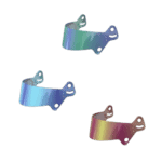 Three coloured racing helmet visors in blue, purple, and gold for Grand Prix racewear, designed for high-performance motorsport protection.