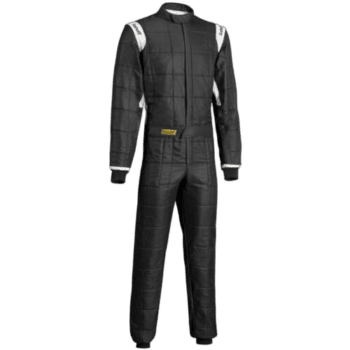 Black Grand Prix Racewear racing suit with white accents, designed for motorsport safety and performance.