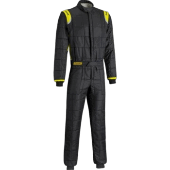 Grand Prix Racewear racing suit in black with yellow accents, designed for motorsport safety and performance.