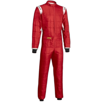 Red Grand Prix Racewear racing suit with white and black accents, designed for motorsport safety and performance.