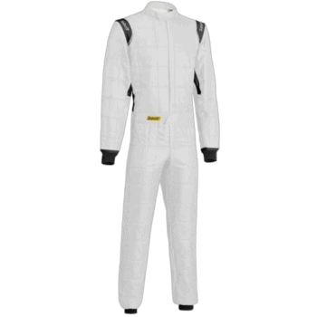 Grand Prix Racewear racing suit in white with black accents, designed for motorsport safety and performance.