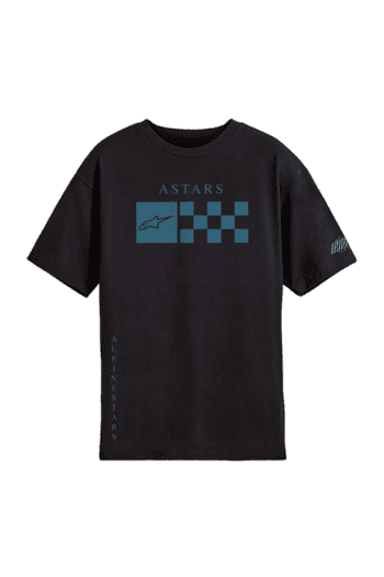 Black Grand Prix Racewear T-shirt with Astars logo and checkered flag design, ideal for motorsport enthusiasts and racers.
