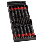 Set of precision screwdrivers with red handles in a black plastic case, suitable for detailed mechanical work.