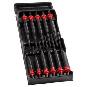 Set of precision screwdrivers with red handles in a black plastic case, suitable for detailed mechanical work.