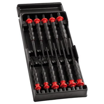 Set of precision screwdrivers with red handles in a black plastic case, suitable for detailed mechanical work.