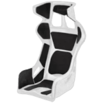Grand Prix Racewear racing seat with black and white design for high-performance motorsport safety.