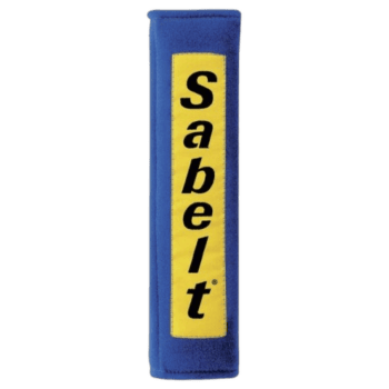 Sabelt racing harness pad in blue with yellow Sabelt logo for motorsport safety gear.