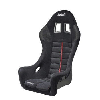 Sabelt FIA racing seat in black with high side support and harness openings, designed for motorsport safety and comfort.