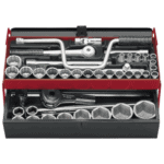 Complete set of socket wrenches and accessories in a red toolbox for professional mechanical work.