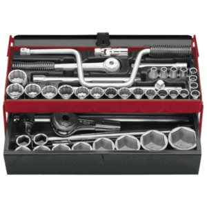 Complete set of socket wrenches and accessories in a red toolbox for professional mechanical work.