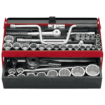 Facom socket set with 1/2 and 3/4 inch drive, 12-point sockets, ratchet, and accessories in a red toolbox.