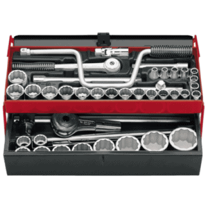 Facom socket set with 1/2 and 3/4 inch drive, 12-point sockets, ratchet, and accessories in a red toolbox.