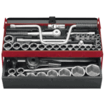 Facom socket set with various sizes of 6-point and 12-point sockets in a red and black case, including ratchets and extensions.