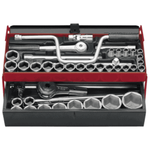 Facom socket set with various sizes of 6-point and 12-point sockets in a red and black case, including ratchets and extensions.