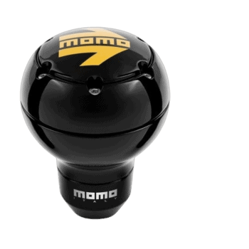MOMO racing gear shift knob with black and yellow design, ideal for motorsport enthusiasts and racewear.