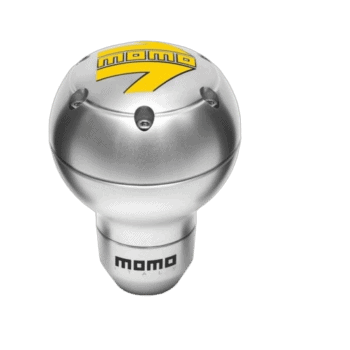 MOMO racing gear shift knob with yellow logo and metallic finish, designed for motorsport enthusiasts.