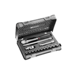 Facom 15-piece 1/2 inch 12-point sockets set SL.161-1P12U in a black case with ratchet and accessories for professional mechanics.