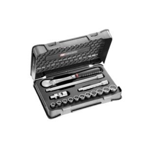 Facom 15-piece 1/2 inch 12-point sockets set SL.161-1P12U in a black case with ratchet and accessories for professional mechanics.