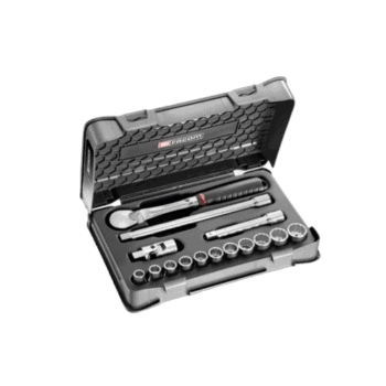 Facom 15-piece 1/2 inch 12-point sockets set SL.161-1P12U in a black case with ratchet and accessories for professional mechanics.