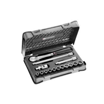 Facom 15-piece 1/2 inch 6-point sockets set SL.161-1P6U in a black case, ideal for professional automotive and racewear applications.