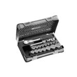 Facom 19-piece metric 12-point sockets set in a black plastic case, ideal for professional automotive and mechanical work.