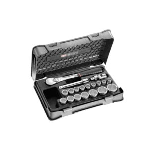 Facom 19-piece metric 12-point sockets set in a black plastic case, ideal for professional automotive and mechanical work.