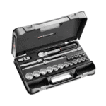 Facom 22-piece 1/2 inch 12-point sockets set SL.161-2P12U in a black plastic case with ratchet and extension bars.