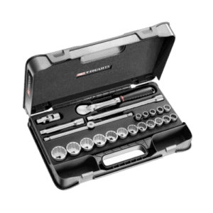 Facom 22-piece 1/2 inch 12-point sockets set SL.161-2P12U in a black plastic case with ratchet and extension bars.