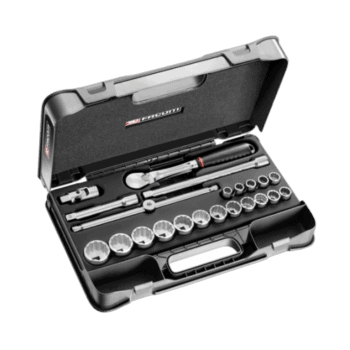 Facom 22-piece 1/2 inch 12-point sockets set SL.161-2P12U in a black plastic case with ratchet and extension bars.