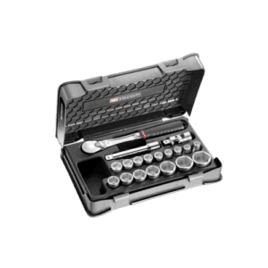 Facom 19-piece 1/2 metric 6-point sockets set SL.161-2P6 in a black case with silver sockets.