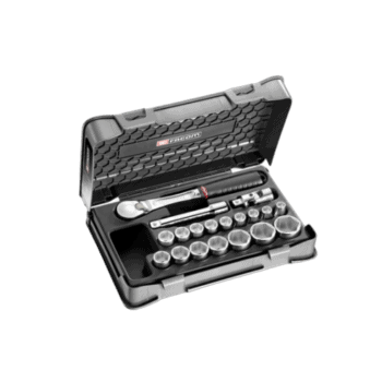 Facom 19-piece 1/2 metric 6-point sockets set SL.161-2P6 in a black case with silver sockets.