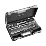 Facom 22-piece 1/2 inch 6-point sockets set SL.161-2P6U in a black plastic case with ratchet and extensions.