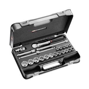 Facom 22-piece 1/2 inch 6-point sockets set SL.161-2P6U in a black plastic case with ratchet and extensions.