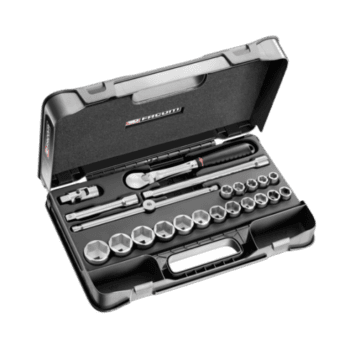 Facom 22-piece 1/2 inch 6-point sockets set SL.161-2P6U in a black plastic case with ratchet and extensions.