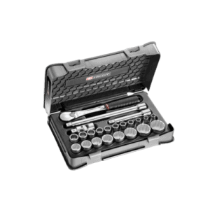 Grand Prix Racewear 23-piece metric 12-point socket set in a durable case for professional mechanics.
