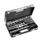 Facom 25-piece 1/2 inch 12-point sockets set SL.161-3P12U in a black case with chrome sockets and ratchet tools.