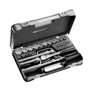 Facom 25-piece 1/2 inch 12-point sockets set SL.161-3P12U in a black case with chrome sockets and ratchet tools.